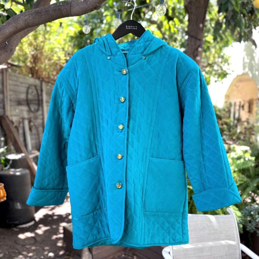 VTG Beat Rieu Silk Turquoise Blu Hooded Quilted Boxy ButtonDown Jacket Coat SZ L